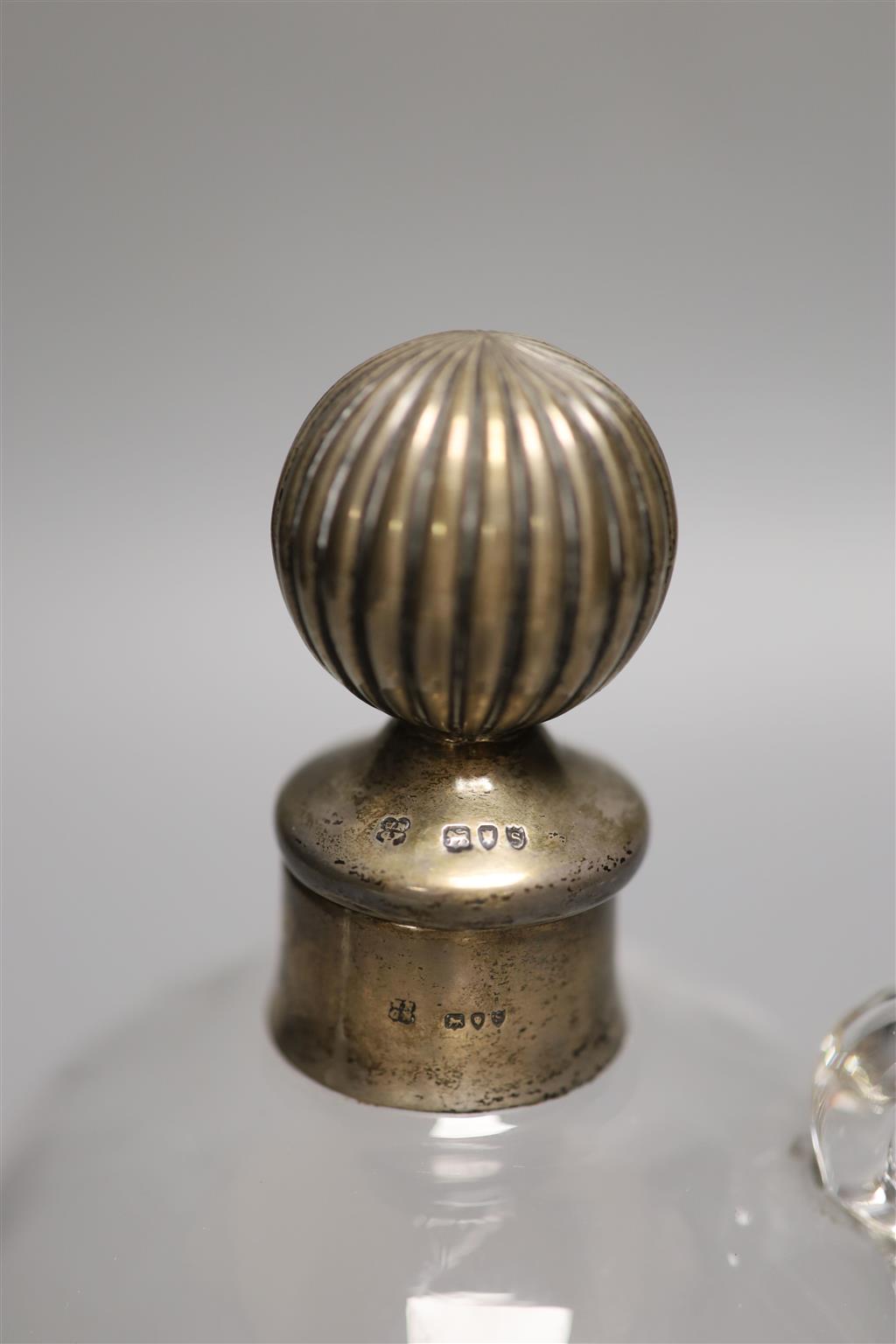 A late Victorian silver mounted glass decanter and stopper, London, 1893, 21.5cm, a silver card case and an ashtray.